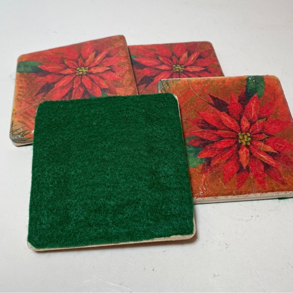 Set of 4 Christmas Poinsettia coasters Felt Backed, Red Green 4” Square - Picture 3 of 5